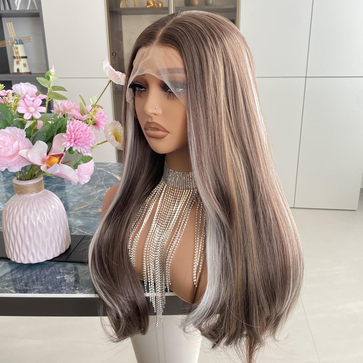 Carkira Ash Brown Wigs Mixed Honey Blonde Color Highlight Platinum Hair 13x4 Lace Front Wig Ombre Silver Loose Wave Synthetic 22Inch Pre Plucked for Women Girls