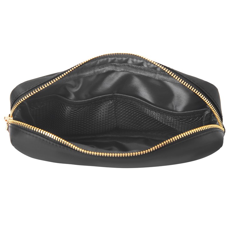 BLOC Bags Travel Makeup Bag, Cosmetic Bags for Women, Medium Cute Toiletry Bag, Make up Bag, Beauty Bag with Chenille Patch and Top Zipper, Inside Zipper Pouch and Mesh Pockets (Black Heart, Black)
