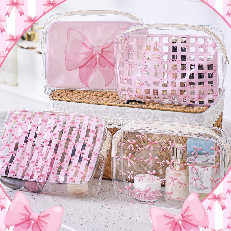 Sunnymove 12 Pcs Pink Bow Makeup Bags Bulk for Women Clear PVC Coquette Cosmetic Bag with Zipper Travel Toiletry Pouch Pink Bow Gifts for Birthday Coquette Party Favor Storage Accessories