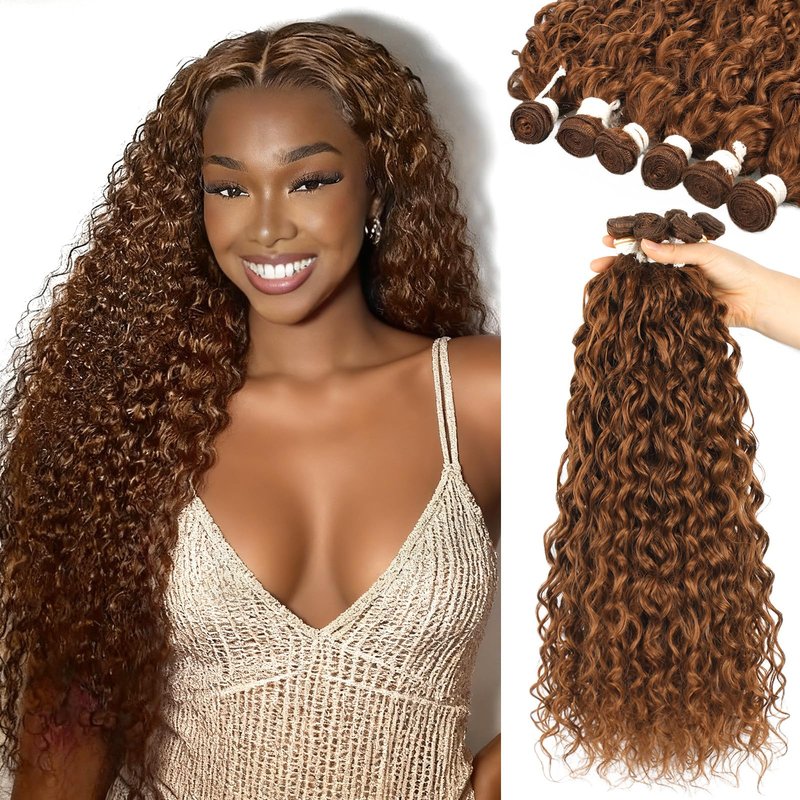 UENOKIPS Water Wave Hair Bundles 100% Pure Protein Silk Curly Bundles 18 20 22 Inch 6 Bundles 310g Synthetic Soft Natural Look Human Hair Feel Wet and Wavy Hair Extensions Brown