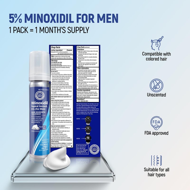 Minoxidil Topical Aerosol Foam, 5%, Hair Regrowth 3 Months Treatment for Men, 2.11 oz (3 Pack)