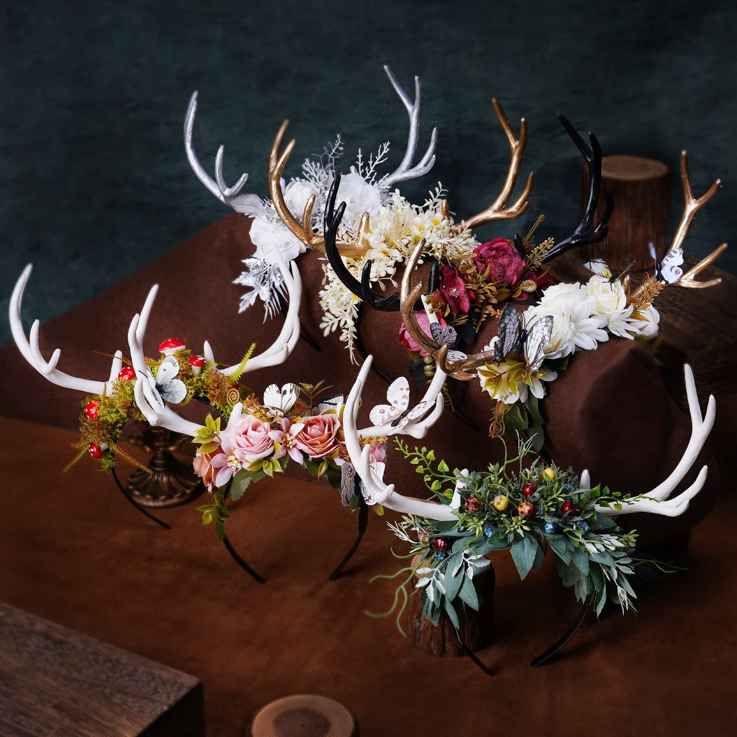 MOSTORY Handmade White Antler Headband with Green Leaves - Woodland Deer Horns Hairband Forest Reindeer Headpiece with Fruits for Women Girls Renaissance Hallowen Cosplay Photo Shoot