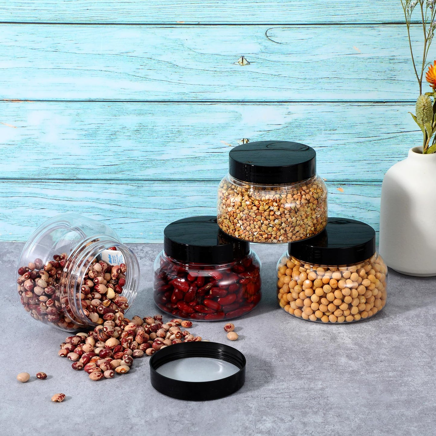 16 Pack 8 Oz Plastic Jars with Lids, Clear Body Scrub Containers Empty Refillable Containers Round Low Profile Samples Jars for Makeup, Body Butter, Creams, Slime, Travel Storage