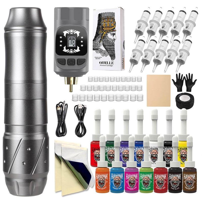 Tattoo Kit Tattoo Gun Wireless Rotary Tattoo Machine with Tattoo Power Supply 1600mAh LCD digital Lithium Tattoo Battery Complete 10Pcs Cartridge 14 inks EM155TI201-7