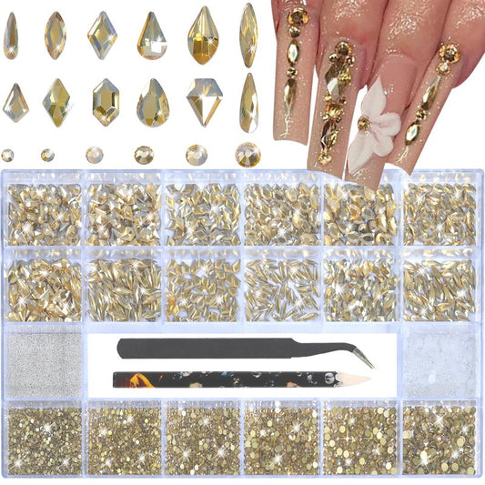 Nail Art Rhinestones - 12 Types of 600 Crystal Champagne Gold Diamonds, 3D Flatback DIY Pearls, Gems, Beads, Flat Back Stones Set, with Kit, for Nail Art Decor
