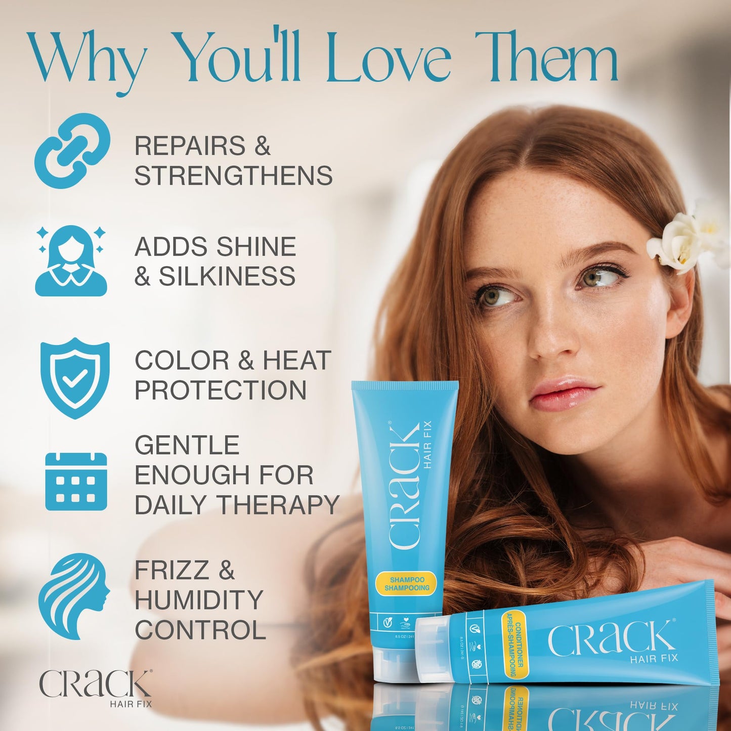 CRACK HAIR FIX Shampoo and Conditioner Set, 8.5 oz Each | Anti-Frizz Hair Products for Damaged Hair, Bond Repair, Curl Care, Humidity Control, and Color Protection