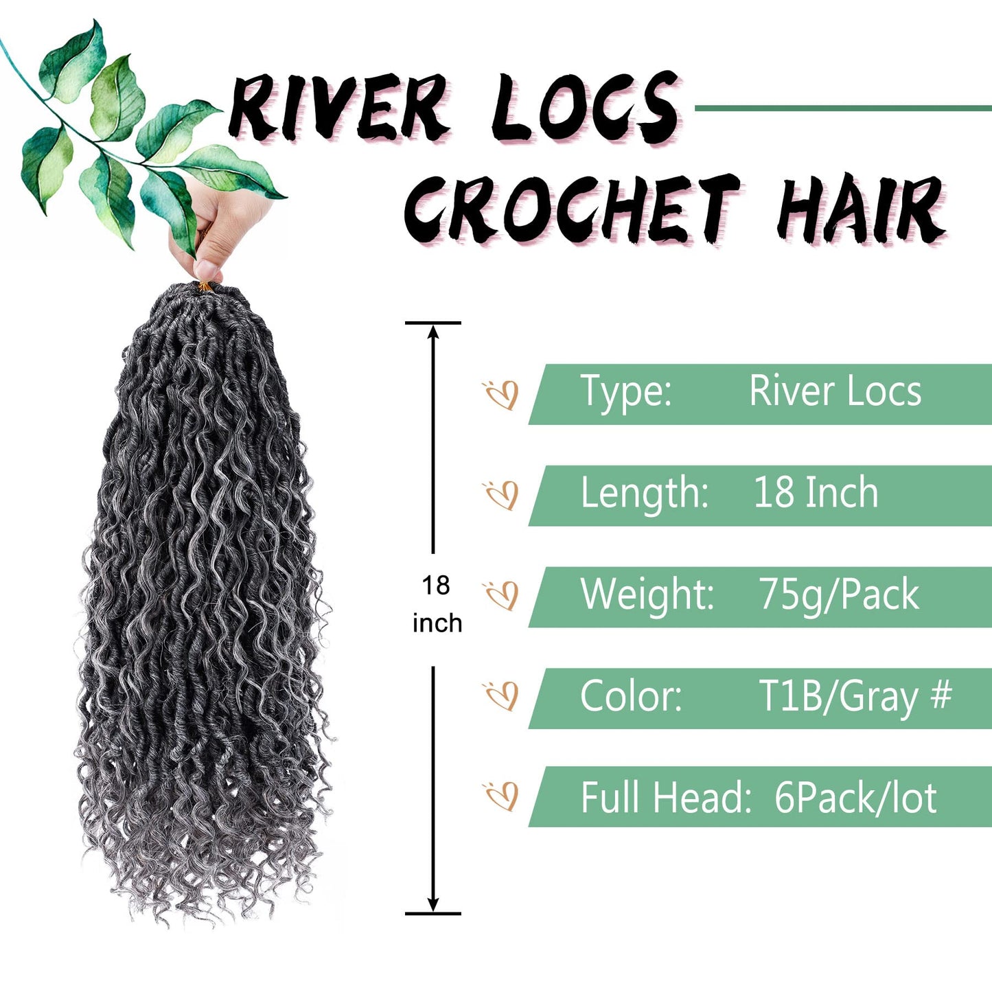 LIYATE Goddess Locs Crochet Hair 18 Inch 6 Packs Faux Locs Gray Crochet Hair for Black Women Pre Looped Soft River Loc Crochet Braids with Curly Hair Boho Loc Hair Extensions(T1B/Gray)