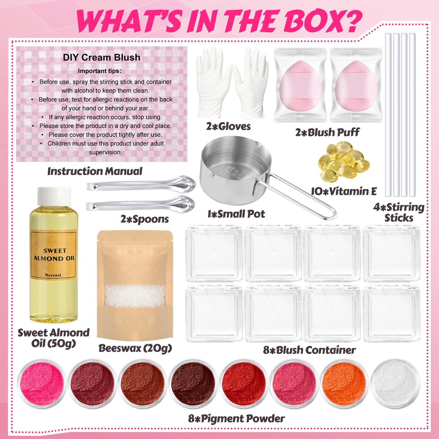 JCOOS DIY Blush Making Kit for Women | Make Your Own Cream Blush Eyeshadow Lip, Dewy Finish with Beeswax & Sweet Almond Oil, 8 Colors Pigment, Includes Puff Makeup