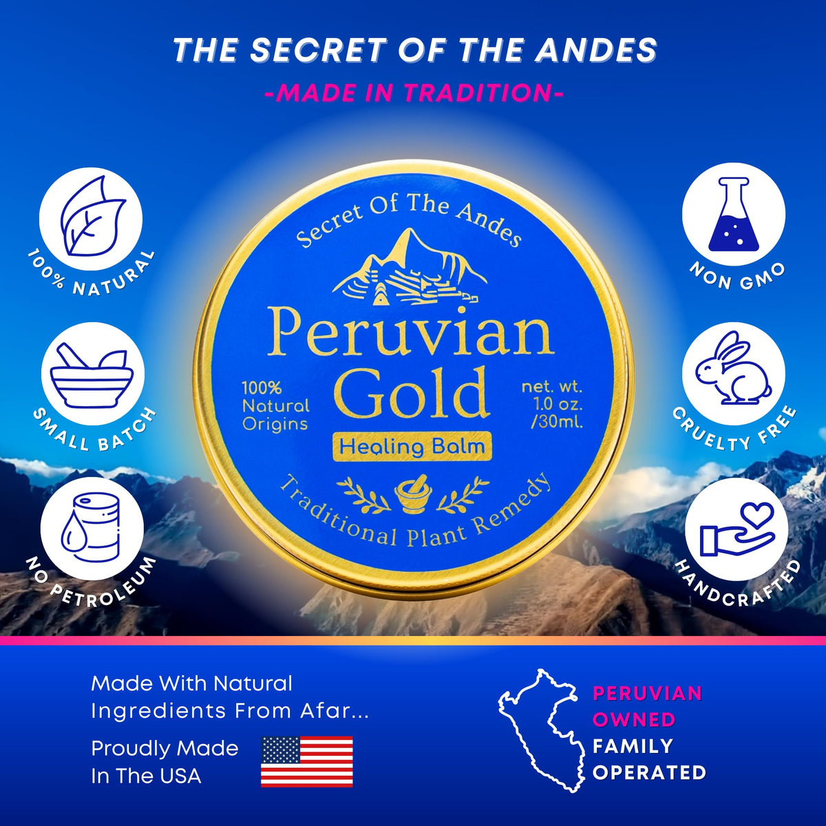 Peruvian Gold | All Purpose Healing Balm | Scars, Eczema, Facial Moisturizer Cream, Dry Skin, Hair, Sun Burns | All Organic Fair Trade Ingredients (2 Fl Oz) 2 Ounces Sustainably sourced ingredients