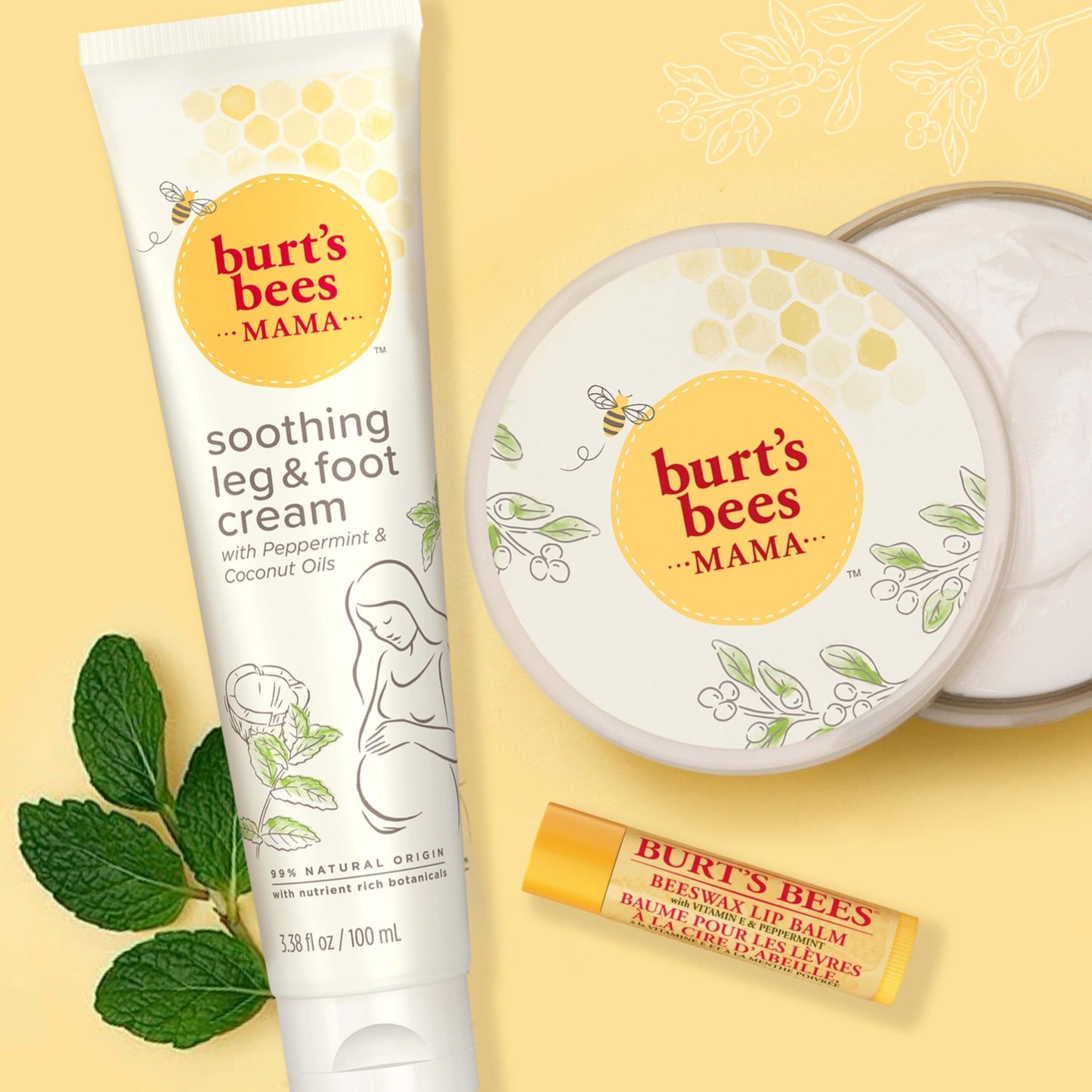 Burt's Bees Mama Gift Set, Includes Lip Balm, Leg and Foot Cream, and Belly Butter, Natural Origin Skin Care, 0.15 oz./3.38 oz./6.5 oz.