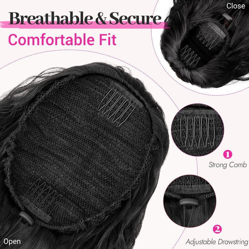 KooKaStyle Ponytail Extension 30 Inch Drawstring Pony Tails Hair Extensions for Women Long Curly Ponytail Synthetic Hairpieces for Daily Wear, Party, Gym（Black-1B）