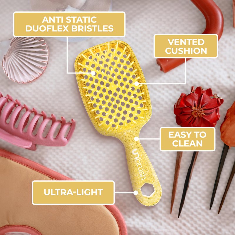 FHI Heat UNbrush Detangling Brush and UNwinder Detangling Spray Combo Pack - Tangle-Free Hair, Pain-Free Brushing, Anti-Static Bristles, Lightweight Hair Brush, Amber Yellow