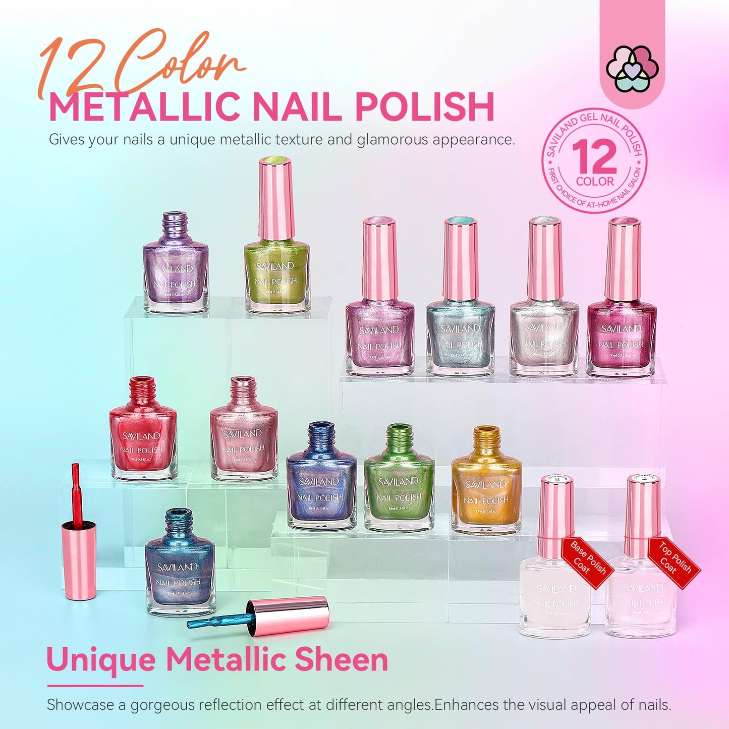 SAVILAND Metallic Nail Polish with Base and Top Coat: Chrome Nail Polish Set 12+2 Colors Mirror Glitter Holographic Silver Pink Quick-Dry Nail Polish for Fingernail French Manicure Art DIY Gift