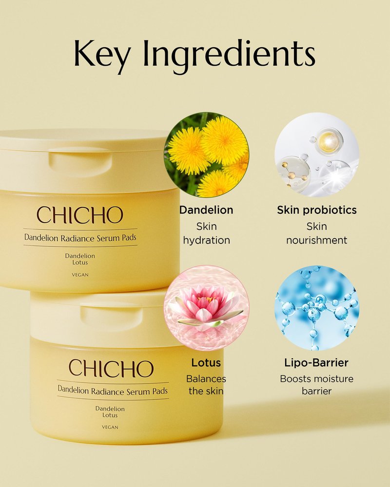 CHICHO Dandelion Radiance Serum Pads (90 Pads) – Jumbo 8cm Quick Mask Toner Pads – 80.2% Dandelion Biome + Lotus, Vegan pH 5.2, Sensitive Skin