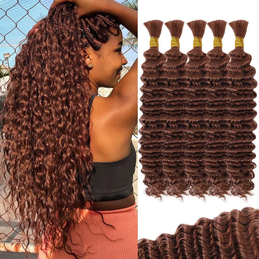 160g 5 Bundles Human Braiding Hair for Boho Braids 16 Inch Curly Boho Hair for Braiding Knotless 12A Deep Wave Bulk Bohemian Natural Black