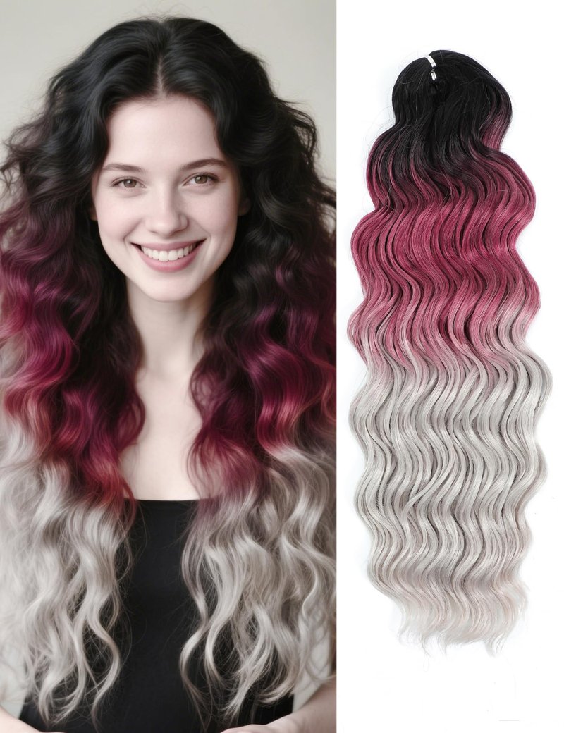 300g Curly Braiding Hair Off Black to Purple to Grey Ocean Wave Crochet Hair Long Synthetic Loose Deep Wavy Twist Hair for Boho Braids