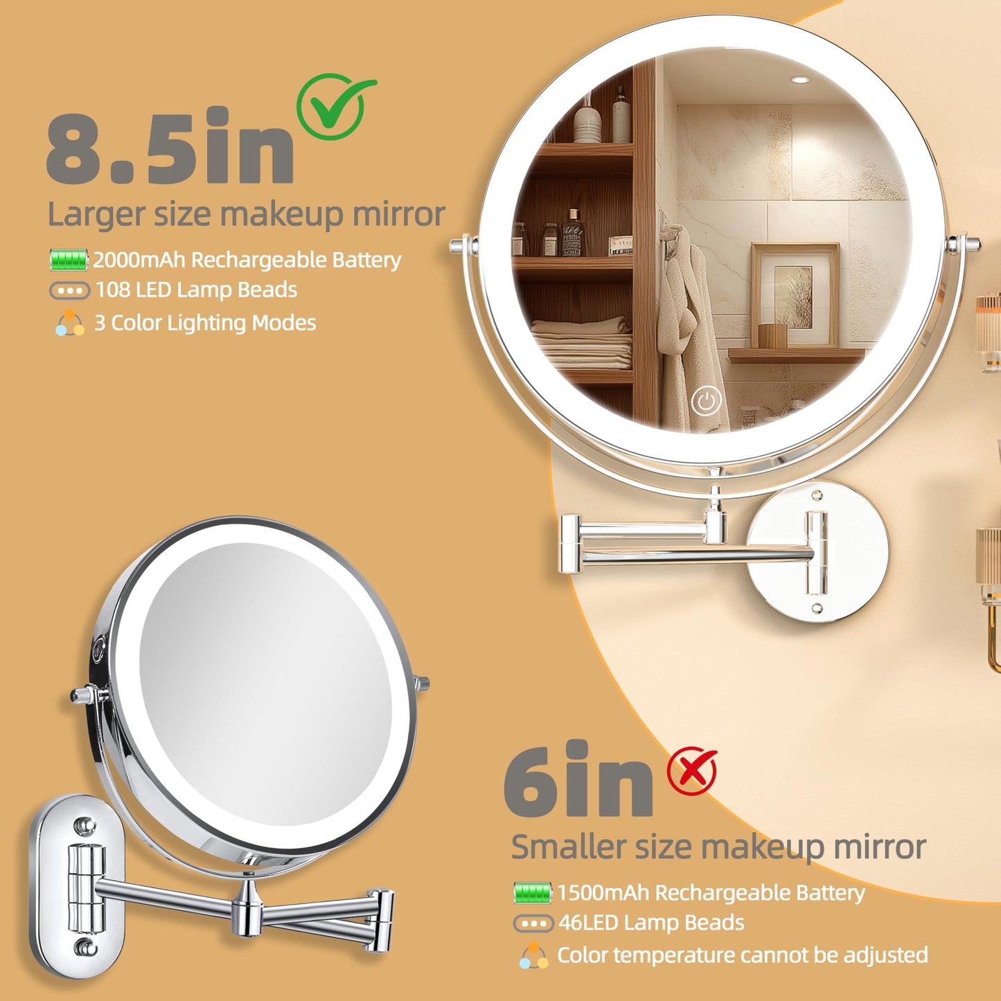 BATUSO 8.5 Inch Wall Mounted Lighted Makeup Mirror, 1X/10X Magnifying Mirror with 19.7 Inch Extended Arm, 3 Color Lights Touch Dimmable, 360 Rotation, 2000mAh Rechargeable Bathroom Vanity Mirror Round