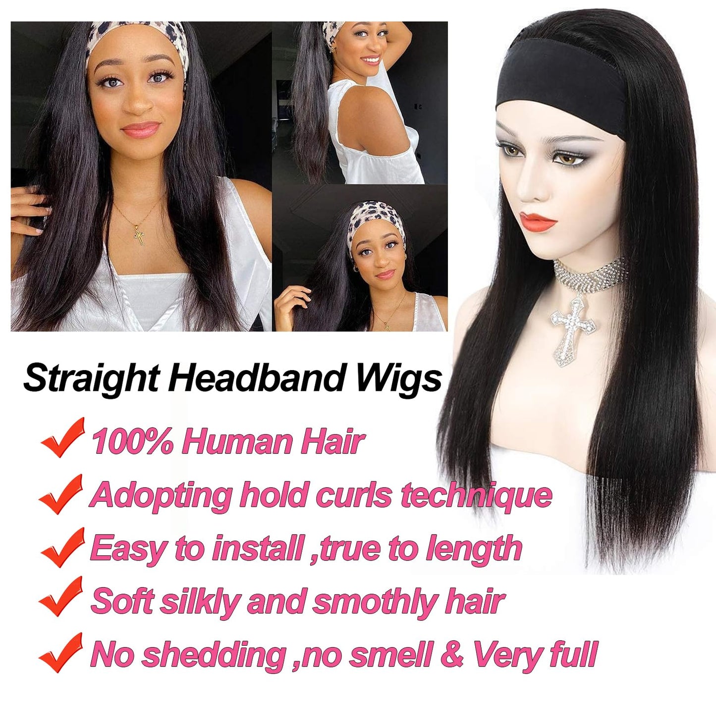 olimaruly 12 Inch Short Straight Headband Bob Wigs Glueless Headband Wig Human Hair Short Straight half wigs for Black Women 180% Density No Lace Headband Wig Natural Color Easy Put On