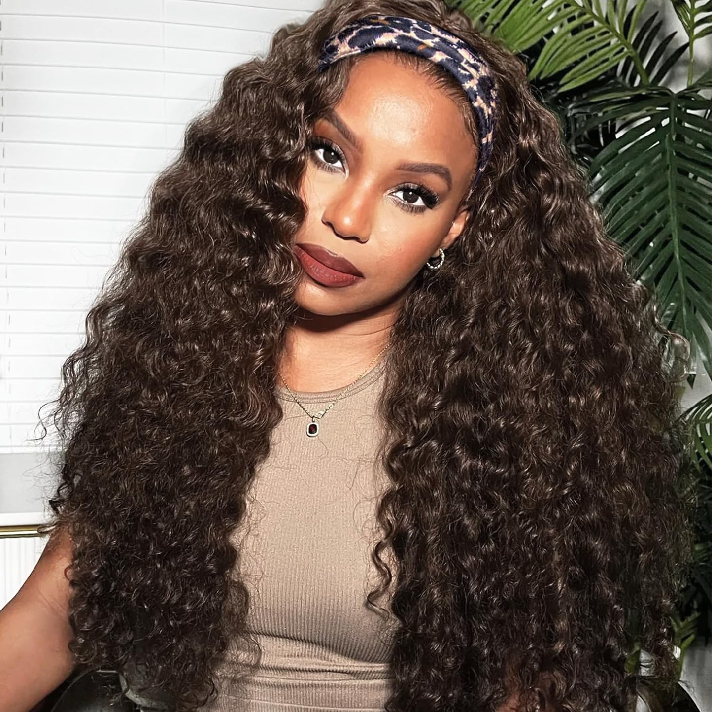 Headband Wig - Human Hair Deep Wave Half Wig | Glueless Brazilian Curly Wig for Black Women - 12 Inch, Chocolate Brown