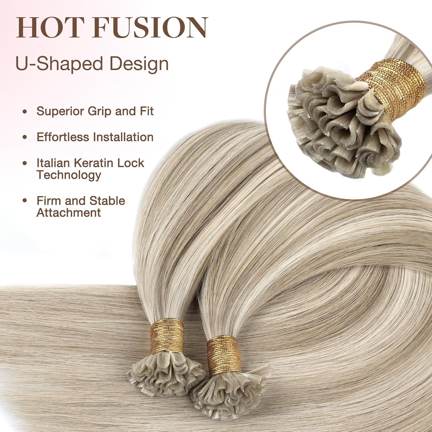 U Tip Hair Extensions - Real Human Hair, 14in 50g, Hot Fusion | Invisible Remy, Dark Blonde Highlighted Bleach Blonde