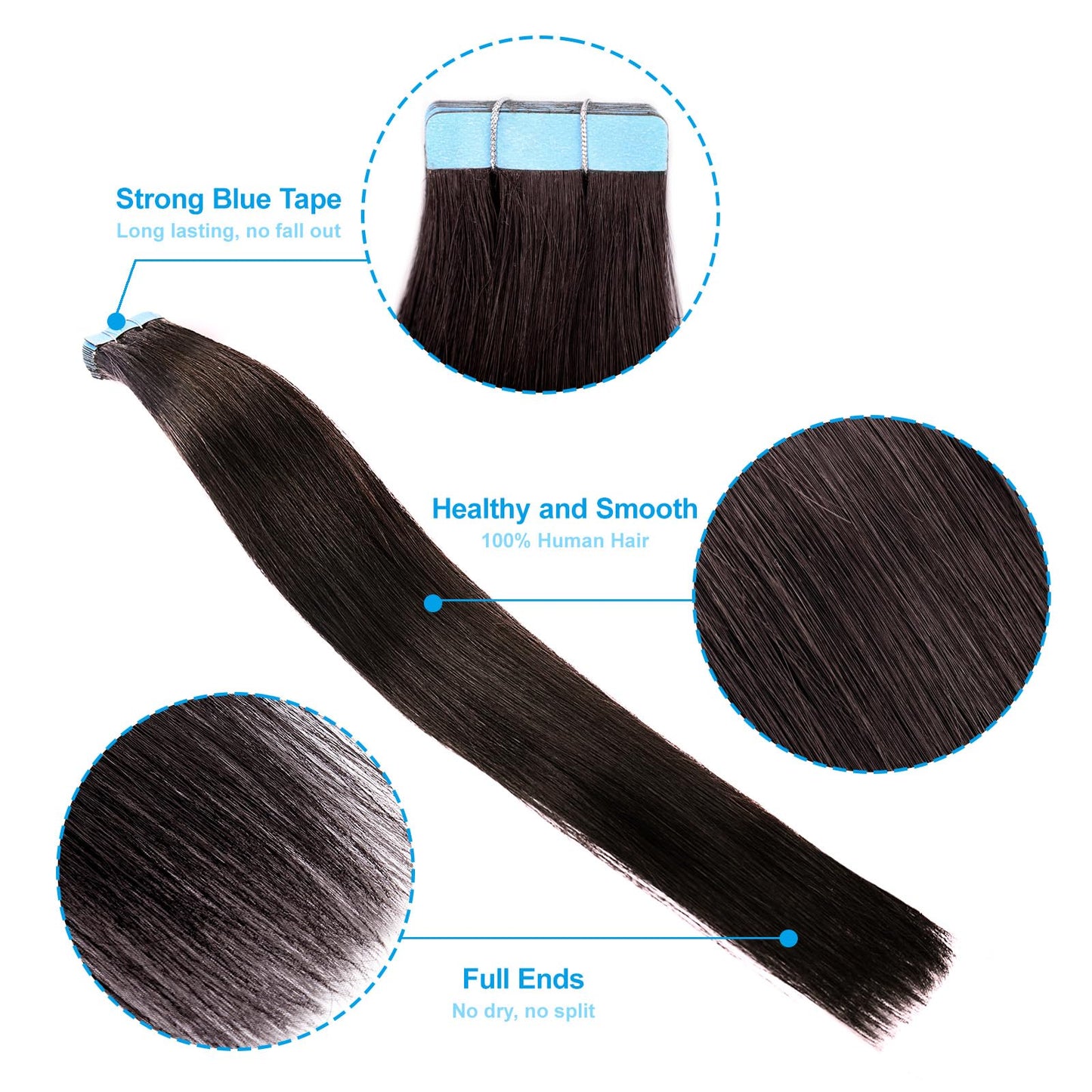 Tape in Hair Extensions Human Hair,18 Inch Human Hair Tape in Extensions 20PCS Natural Black Remy Real Human Hair for Women Invisible Straight Hair Extensions Real Human Hair