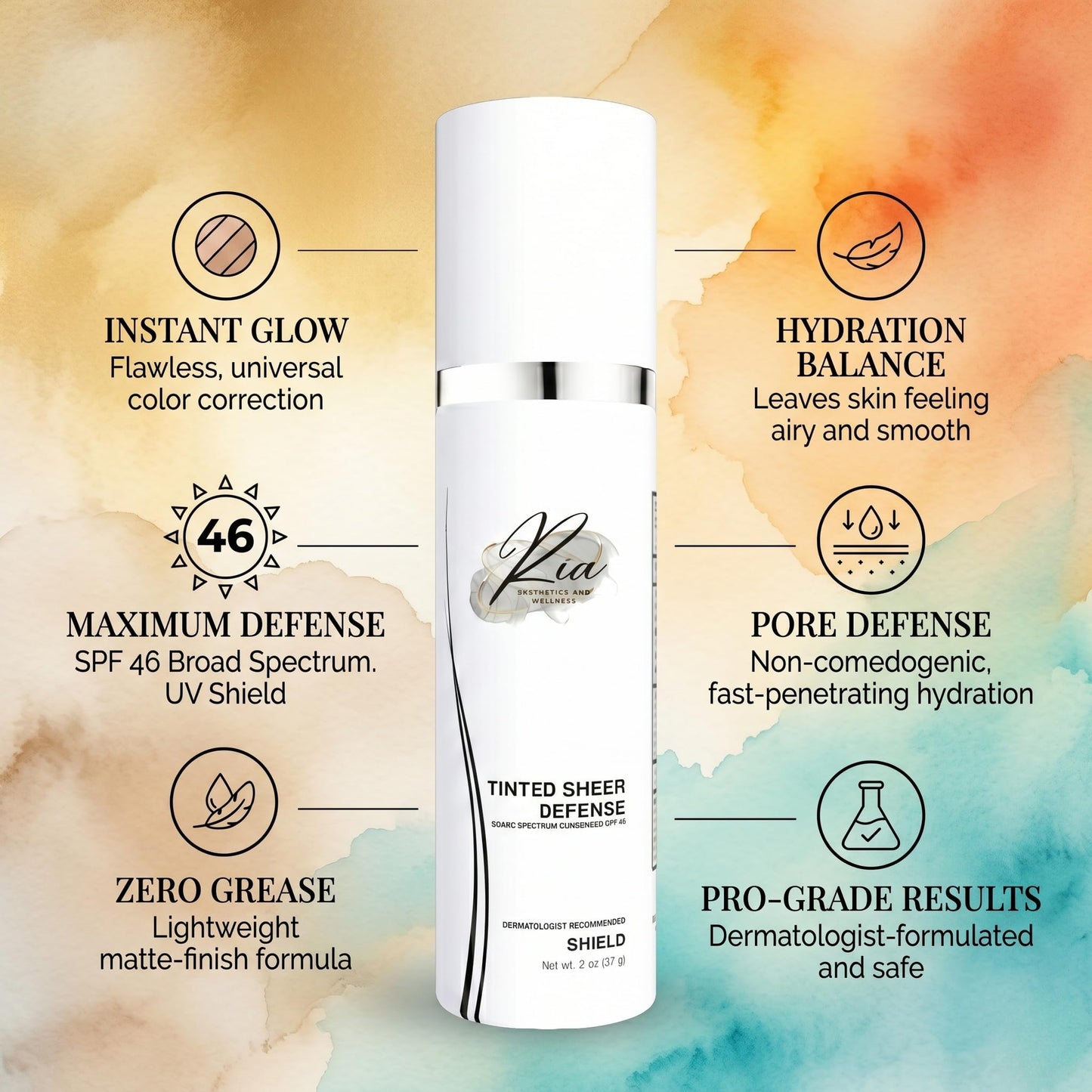 Ria Universal Tinted Sheer Defense Moisturizer SPF 46 Hydrating Dewy Tinted Sunscreen for Face with Zinc Oxide & Octinoxate Niacinamide & Hyaluronic Acid Broad Spectrum Lightweight Daily SPF, Smooth