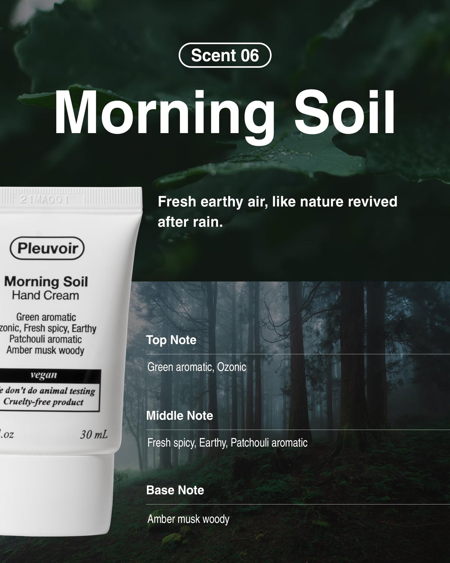 Pleuvoir Morning Soil Petrichor Perfume Hand Cream for Men & Women, Travel Size with 5 Hyaluronic Acids & Shea Butter, Non-Greasy K-Beauty Moisturizer, Earthy Woody Niche Fragrance, French MANE 1 oz