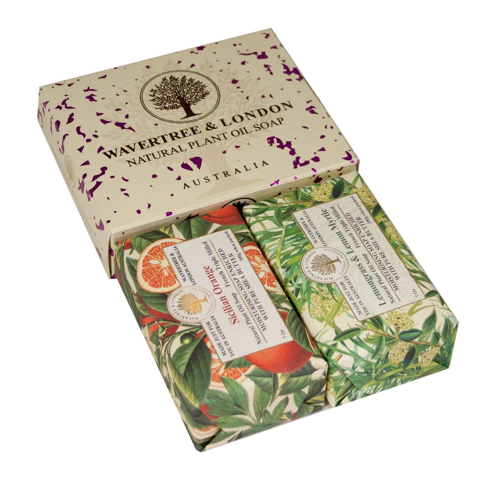 Wavertree & London Duo Gift Box (2 Bars) - 7oz Sicilian Orange, Lemongrass & Lemon Myrtle Scented Triple Milled Natural Soap Bars - Pure Plant Oil Soap Bars for All Skin Types