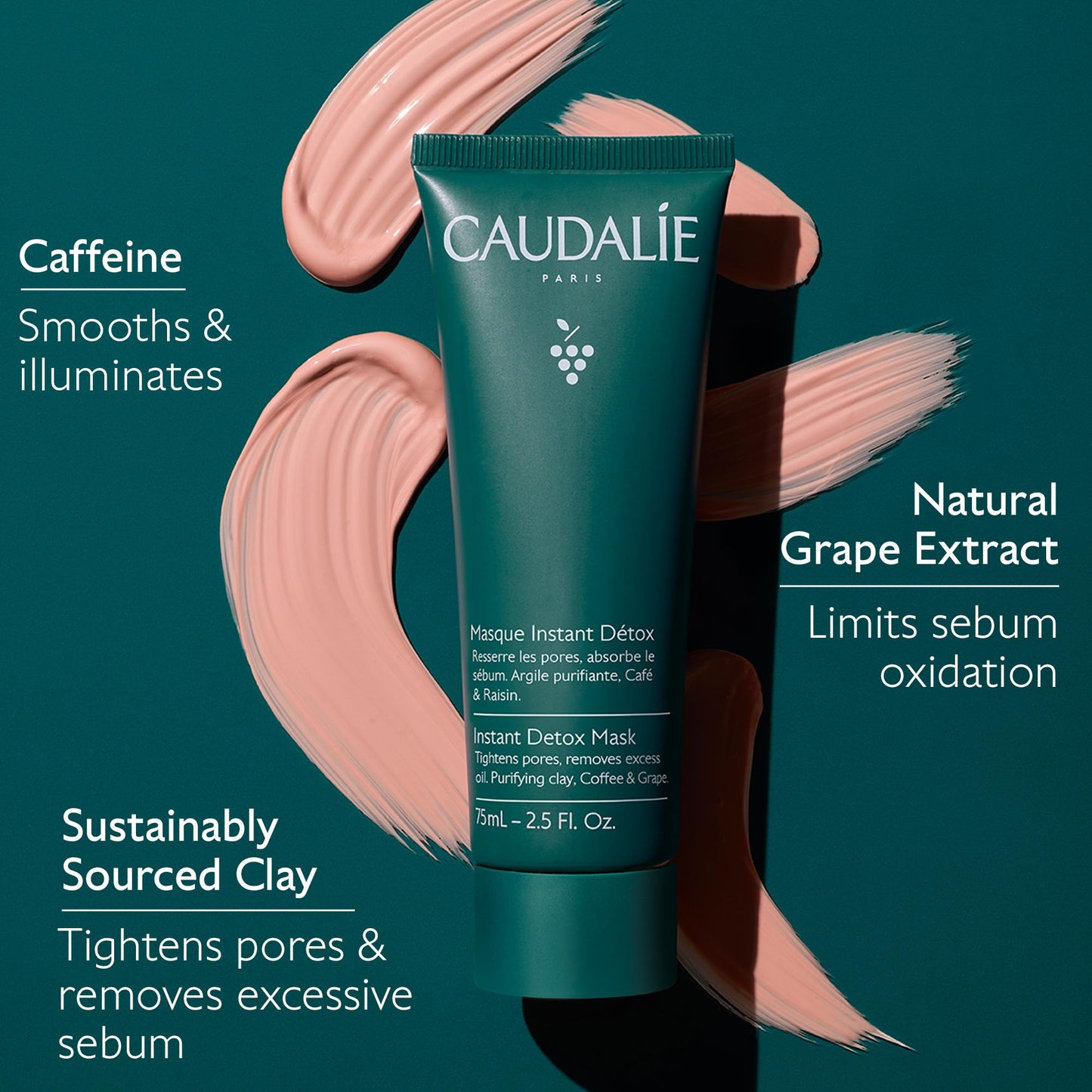 Caudalie Instant Detox Mask, Pore Minimizing Pink Clay Face Mask - 75 mL