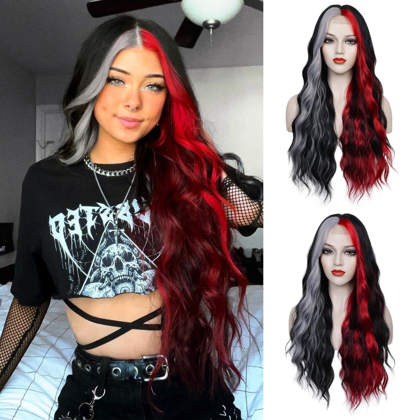 WECAN Black Red Gray Wig 28 Inches Long Black Red Wavy Wigs For Women Synthetic Hair Replacement Wigs Halloween Cosplay Daily Party Heat-Resistant Fiber Wig