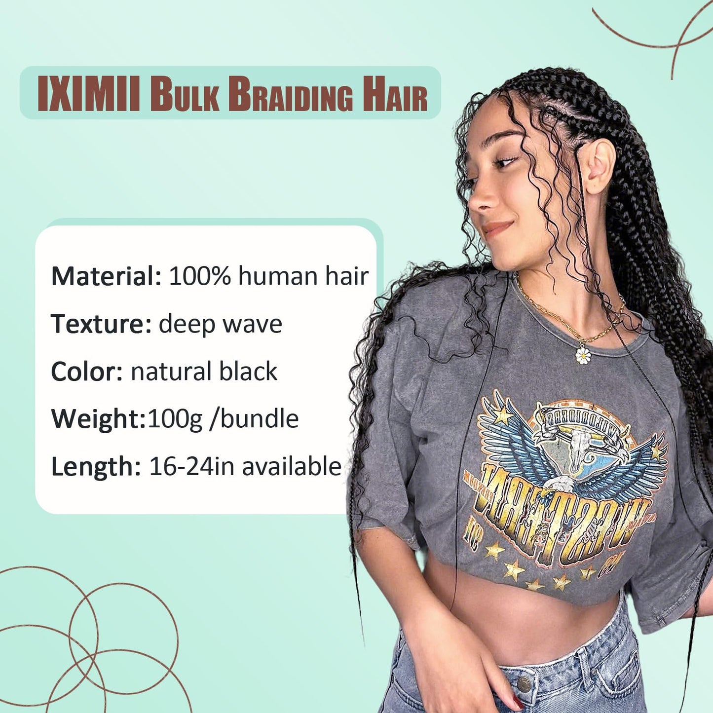 IXIMII Human Braiding Hair 18 inch 3.5oz(100g) 100% Human Hair Deep Wave Bulk No Weft Natural Black Color Curly Hair Extensions for Boho Braids