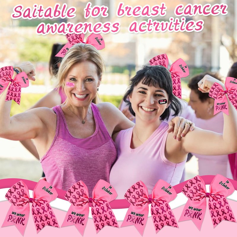 24Pcs Breast Cancer Awareness Cheer Bows Set includes 24 Pink Cheer Bows and 16 Breast Cancer Awareness Temporary Tattoos for Teen Girls Cheerleading Fundraising Event Party(Glitter Pink)