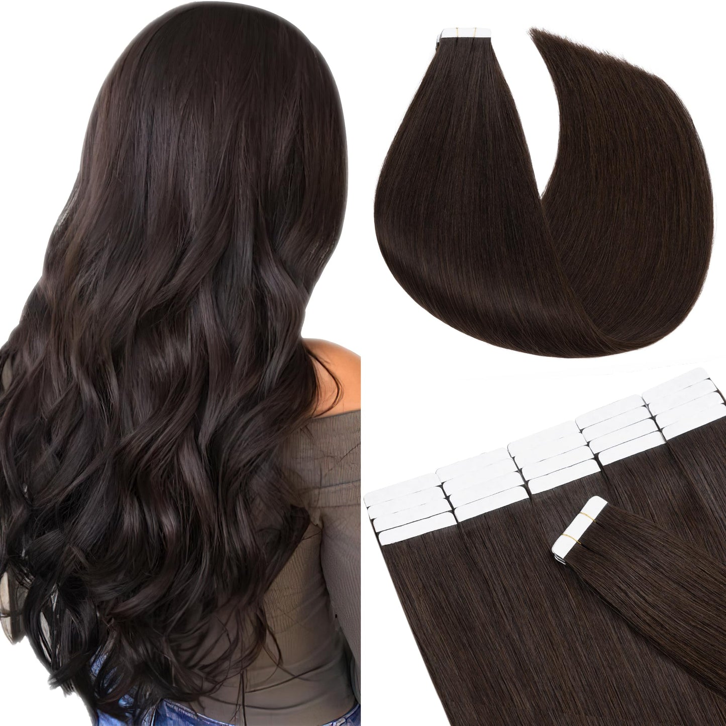SEGO Tape In Hair Extensions Human Hair, 20pcs 50g 16 Inch Dark Brown Remy Straight Human Hair Tape In Extensions for Women -#02 Dark Brown
