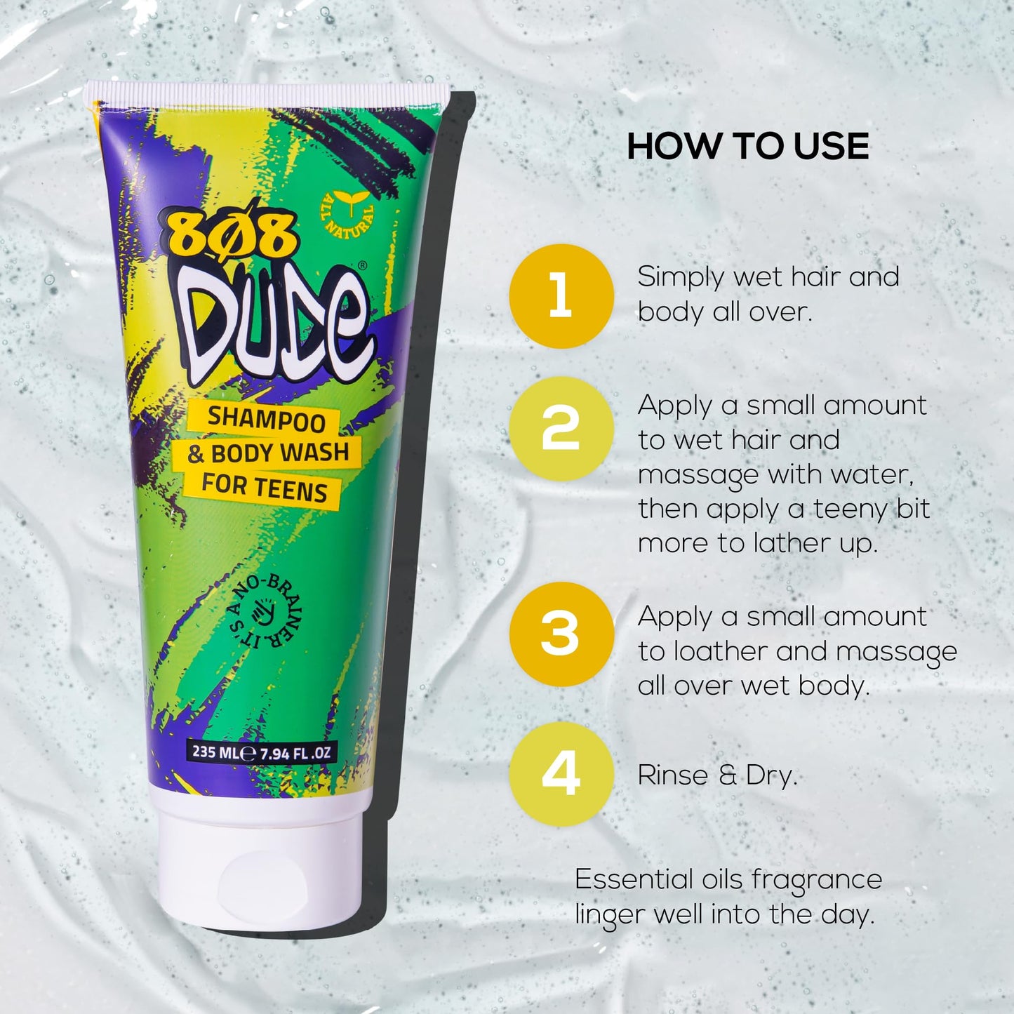 808 Dude Shampoo and Body Wash for Teens, Boys, and Men | Pure Natural & Organic Ingredients | Clear Body Odor and Skin Breakouts with Essential Oils, 8 fl oz.