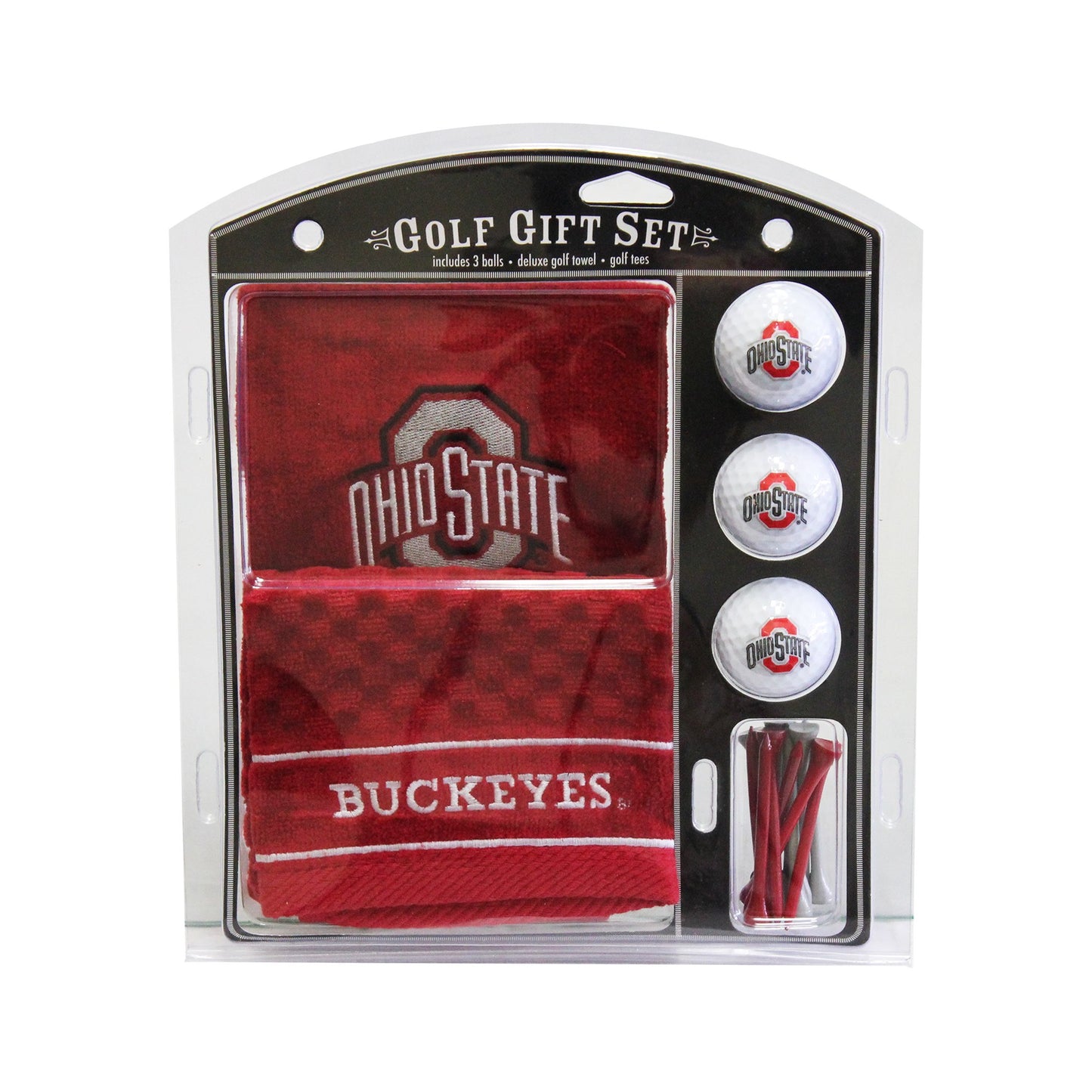 Team Golf NCAA Ohio State Buckeyes Gift Set: Embroidered Golf Towel, 3 Golf Balls, and 14 Golf Tees 2-3/4" Regulation, Tri-Fold Towel 16" x 22" & 100% Cotton