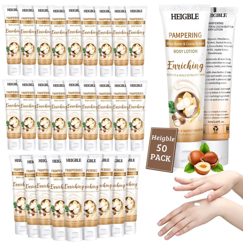 Heigble 50 Pack Travel Size Body Lotion 1 oz Body Lotion Dry Skin Moisturizer with Flip Cap for Extra Dry Skin, Hotels, Airlines, Offices, Gyms(Butter and Cocoa Butter)