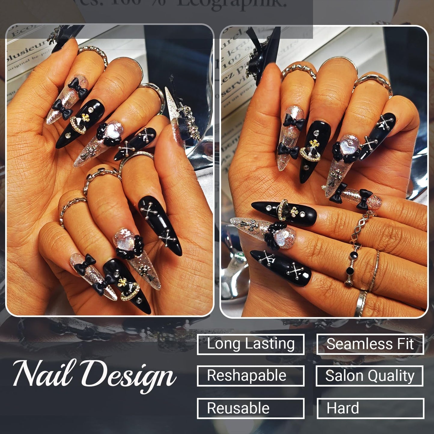 Handmade Press On Nails Stiletto, Brown Press On Nails Long, Flower 3D Acrylic Nails French Tip Blooming Amber Cherry For Women Gift, Reusable Stick On Fake Nails Kit With Nail Glue(Blooming Cherry-S)