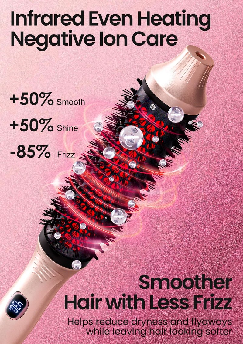 Infrared Thermal Brush 1.65”, 100M Negative Ions 2-in-1 Curling, Straightening & Smoothing Round Brush, 6 Heat Settings with LED Display, Lightweight Quiet, Dual Voltage, Auto Shut-Off, Pink Gift Box