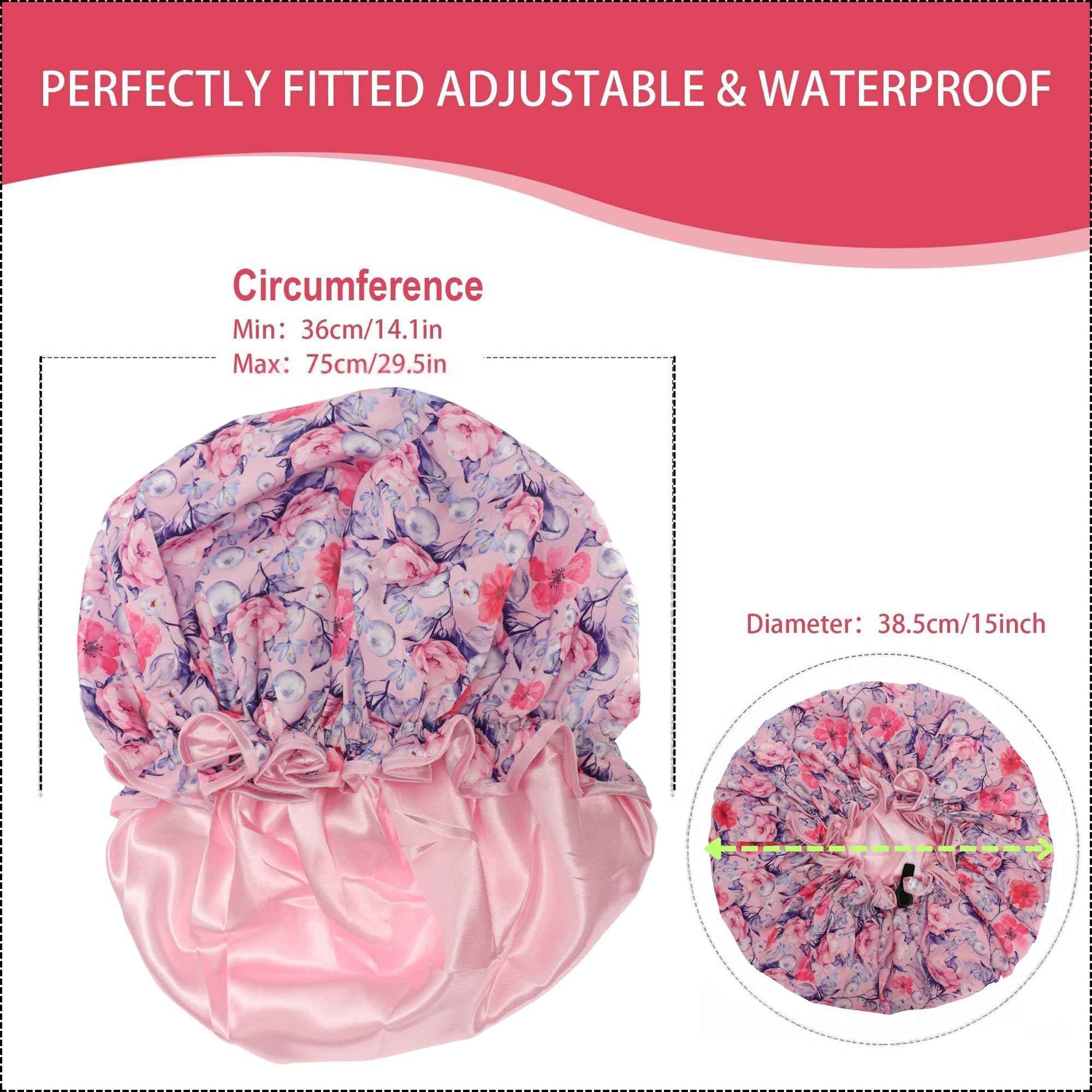 Luxury Shower Cap for Women Reusable Waterproof, 2 PCS Extra Large Double Layered Shower Caps for Long Hair with Adjustable Elastic Strap, Large Satin Lined Shower Bath Cap for All Hair Lengths