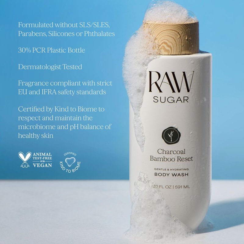 RAW SUGAR Charcoal Bamboo Reset Gentle & Hydrating Body Wash, 20 Fl Oz (Pack of 1), Moisturizing & Refreshing Bath & Shower Gel, Vegan, Formulated without SLS/SLES & Parabens
