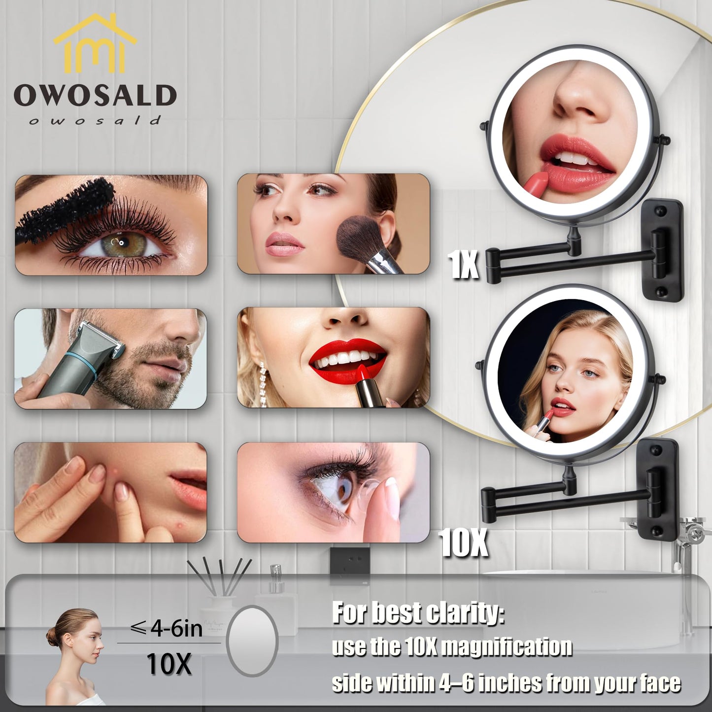 Wall Mounted Makeup Mirror, 1X/10X Magnifying, 360° Rotation, 3 Color LED Lighting, Touch Screen Dimming, Extended Arm, Black Bathroom Mirror