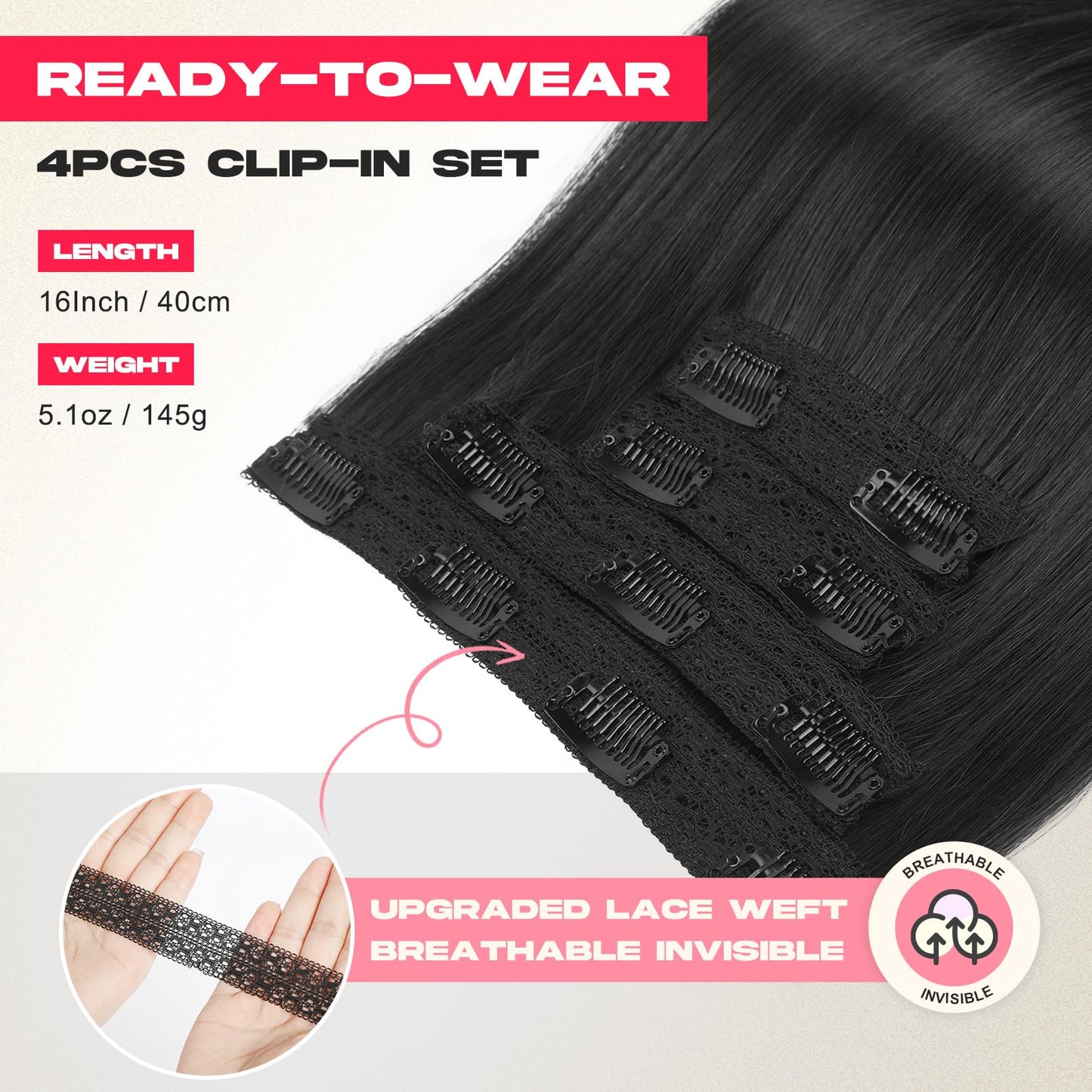 NTYNTY Clip in Hair Extensions, 4PCS 16 Inch Clip in Extensions for Women Layered Cut Natural Lightweight Hairpieces with Thinner Softer Invisible Weft - Black