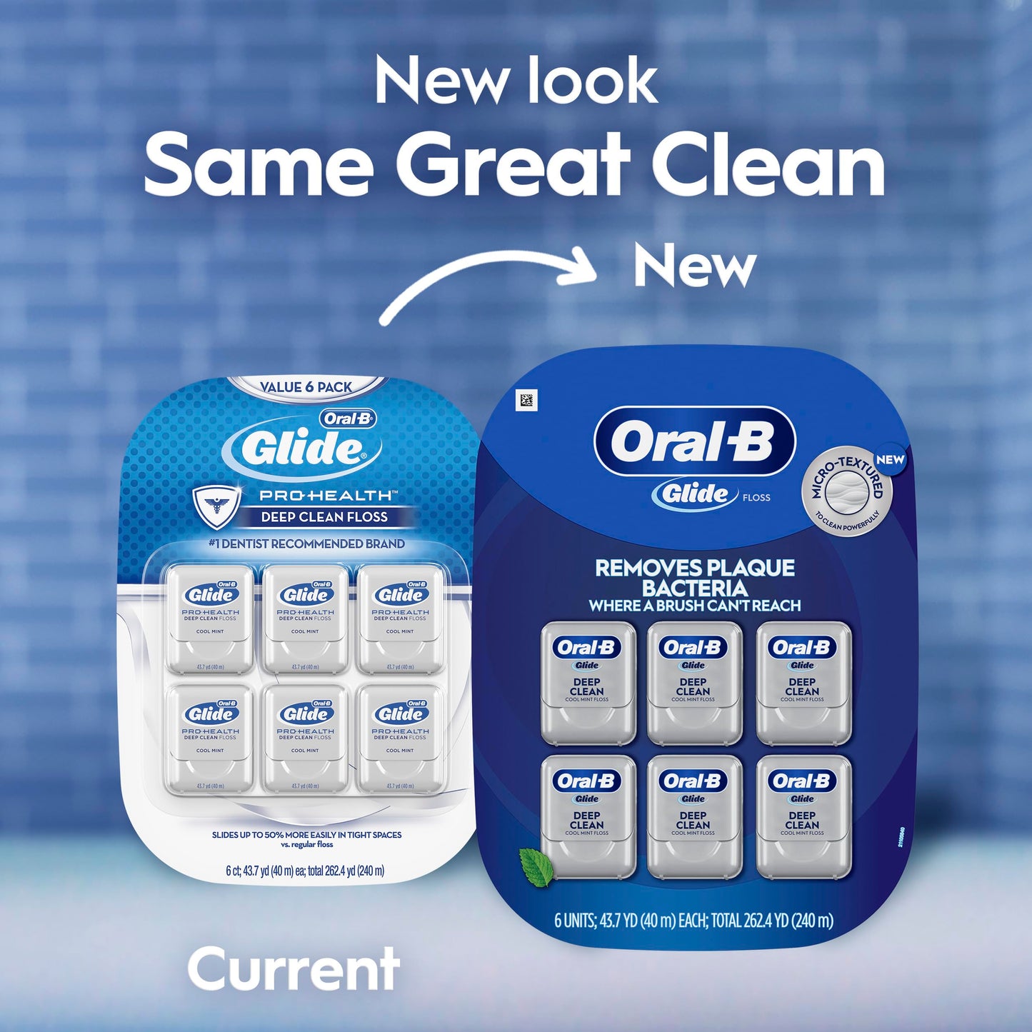 Oral-B Glide Deep Clean Dental Floss, Cool Mint, 6 Pack (262.4 YD Total) - Shred-Resistant Smooth Dental Tape for Tight Spaces
