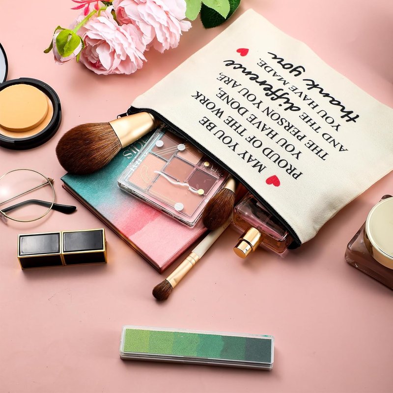 Employee Appreciation Gifts - 16 Pcs Inspirational Makeup Bags & Keychains for Nurses, Teachers, & Coworkers | Canvas Cosmetic Bags