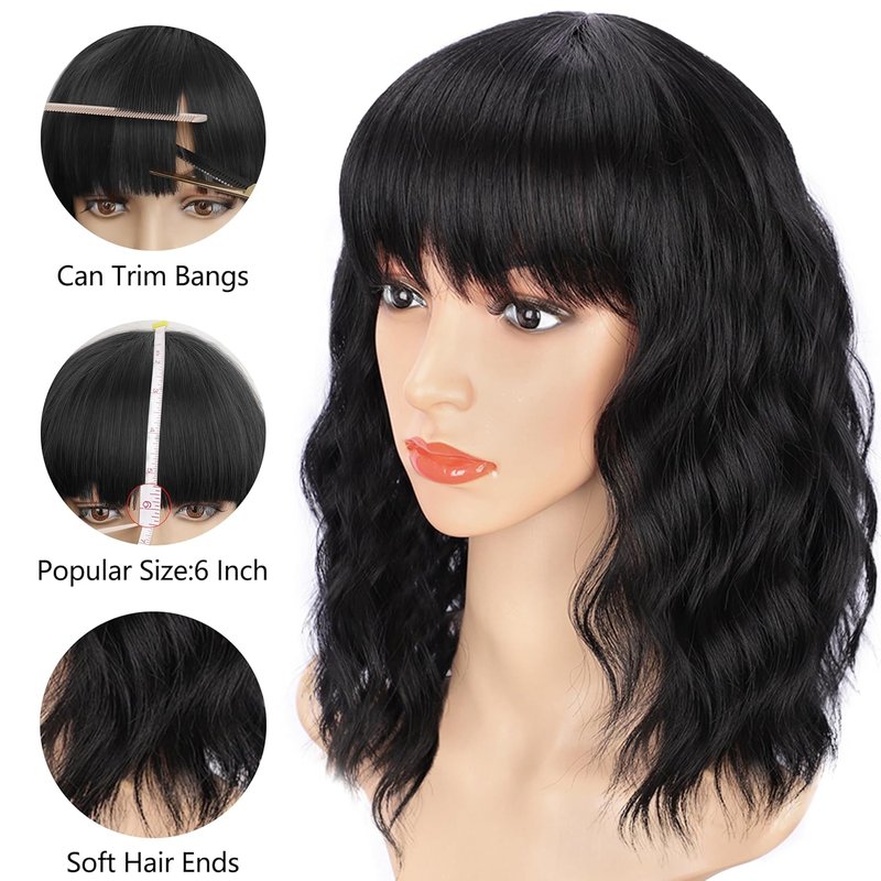 Curly Bob Wig - Short Synthetic Black Wig with Bangs | Heat Resistant Fiber for Natural Look
