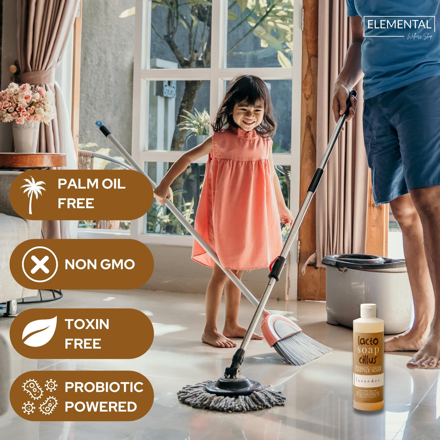 Elemental Wellness, Castile Soap Liquid - Lactosoapcillus, Organic, Probiotic, Vegan, Natural, Lavender Scent Body Wash - Multi-Purpose Liquid Soap, Plant Based Ingredients - (16 oz)