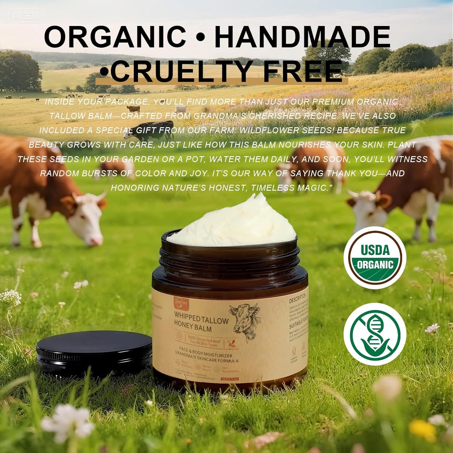Beef Tallow Honey Balm - 100% Organic Grass-Fed Moisturizer | 2oz Face & Body Cream for Sensitive Skin