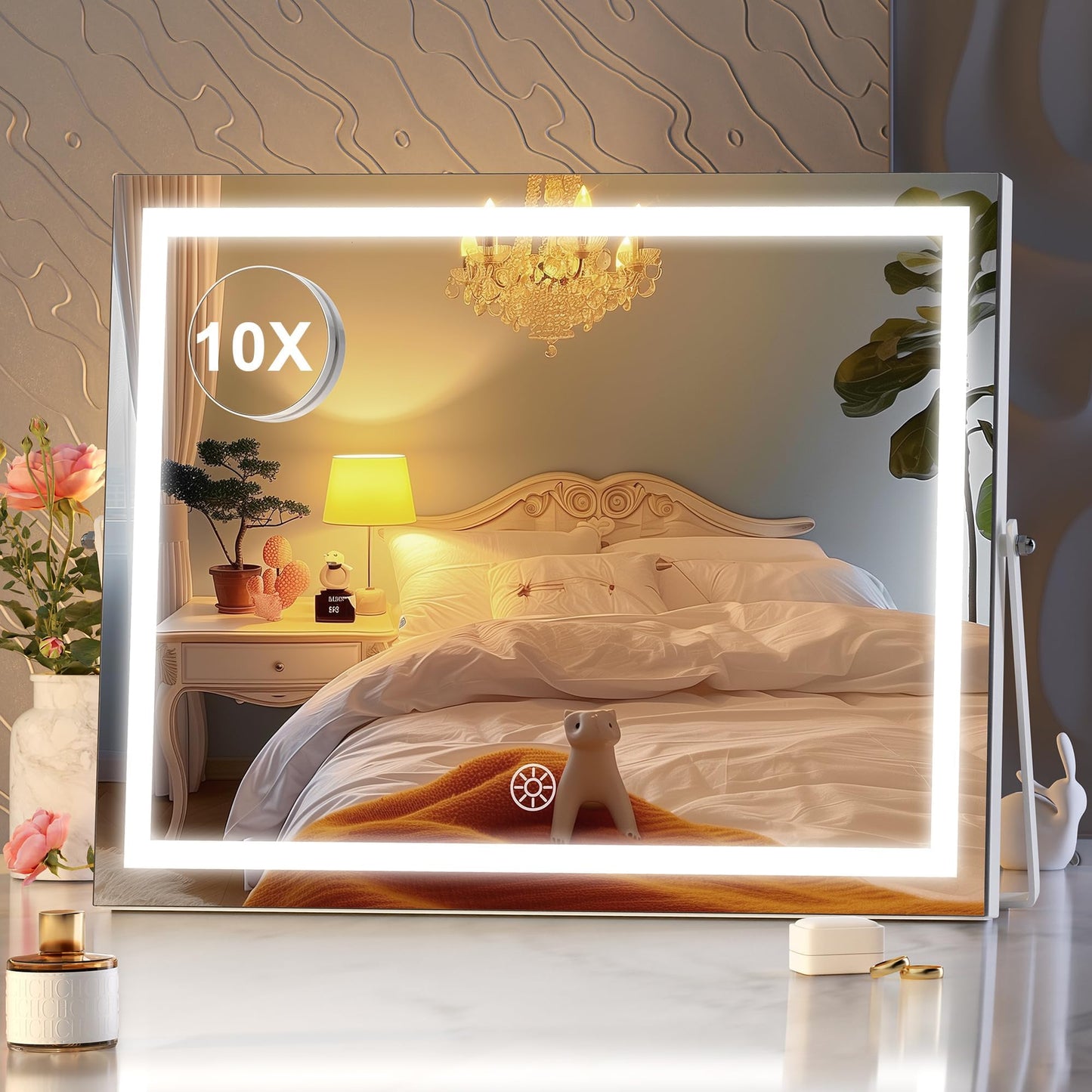 Hasipu Vanity Mirror with Lights, 11.4" x 13.8" LED Makeup Mirror with 10X Magnification, Smart Touch 3 Colors Dimmable, Brightness Adjustment, 360° Rotation, White