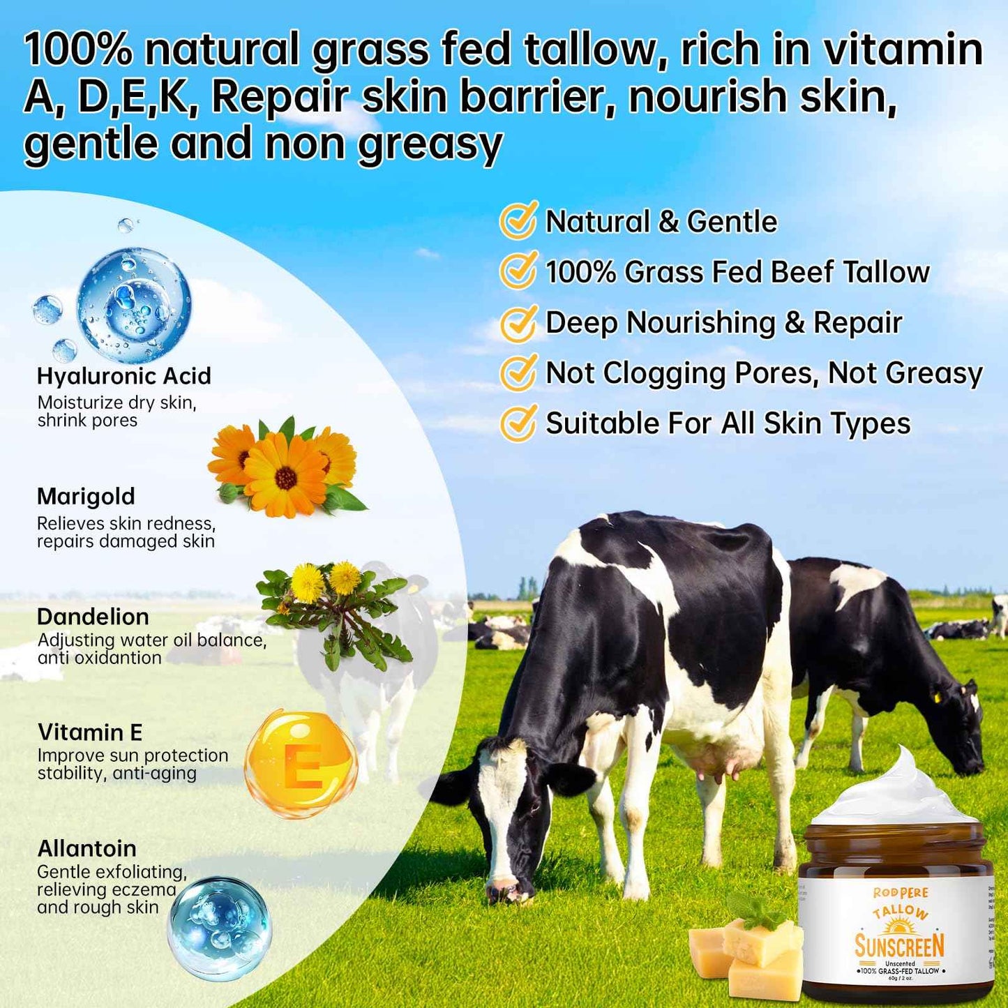 Beef Tallow Sunscreen SPF 50 For Face & Body, 2 PCS Natural & Organic Tallow Sun Balm With Zinc, Hyaluronic Acid For Sensitive Skin, Broad Spectrum, Moisturizing, Reef Safe, No White Residue