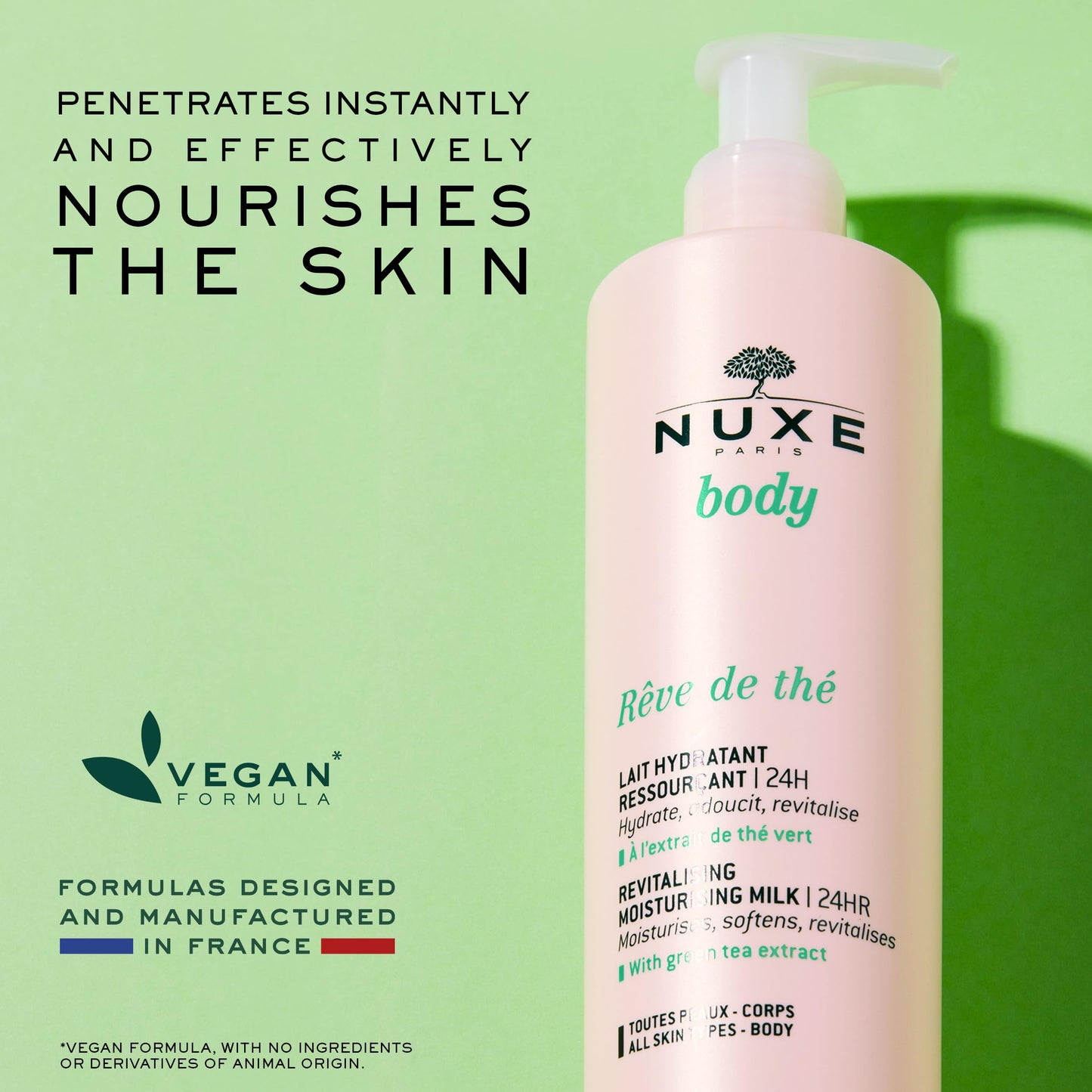 NUXE Revitalizing Moisturizing Body Lotion, Rêve de Thé 24hr Hydration Moisturizing Milk, Nourishes, Softens & Revitalizes with Green Tea Extract, 13.5 Fl Oz